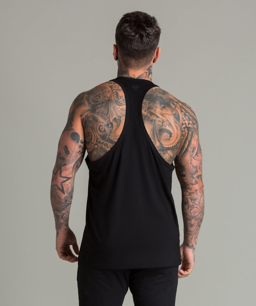 Train Like A Machine Tech Fabric Stringer Vest (Black/Black) - Machine Fitness